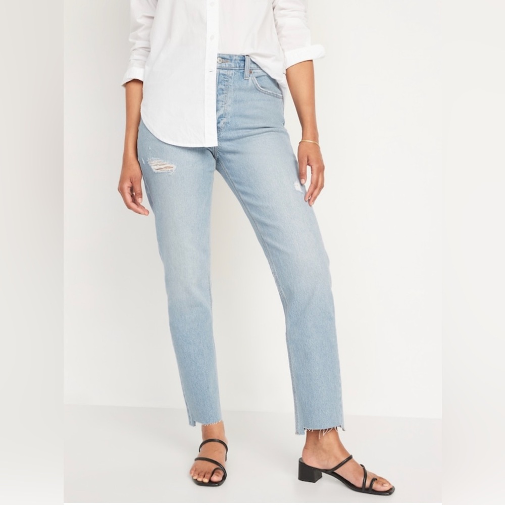 High Waisted Button Fly Slouchy Straight Ripped Cut Off Jeans Size 12, Regular